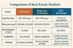 Comparison of North Goa vs Maha Goa property values and villa plots, highlighting Cida De Luxora’s 600 sq. yd advantage