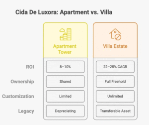 Comparison infographic showing why luxury villa plots at Cida De Luxora outperform flats in Goa real estate 2025 in ROI, freedom, and legacy value.