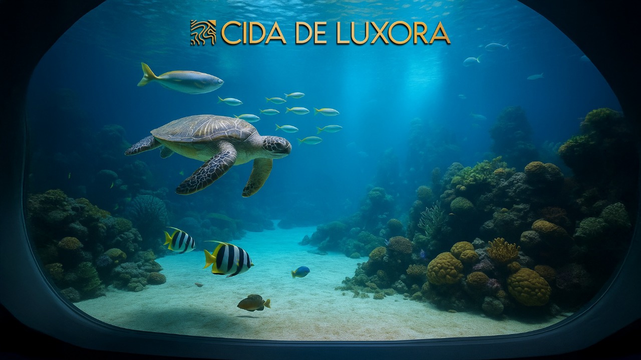 Beautiful underwater aquarium scene with coral reefs, tropical fish, and a sea turtle swimming through clear blue water in Sindhudurg’s marine environment.