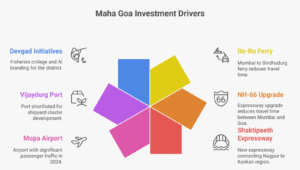 Infographic showing major infrastructure & government catalysts boosting Maha Goa villa plots.