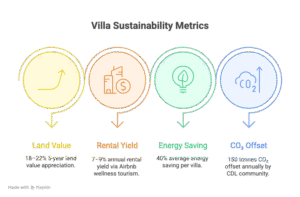 Infographic showing return on investment and carbon savings from sustainable luxury villas in Maha-Goa.