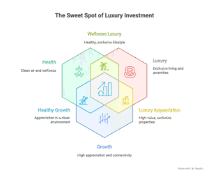 Infographic illustrating Cida De Luxora’s Clean Wealth Equation — health, luxury and investment growth in the Maha-Goa region.