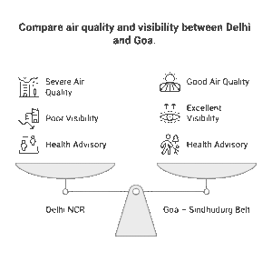 Infographic comparing Goa plots Delhi NCR’s severe winter air quality (AQI 410) with Goa’s clean air (AQI 45) showing pollution contrast across India.