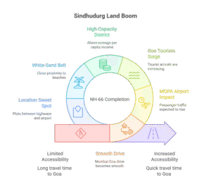 A premium infographic showcasing the new 6-hour Mumbai–Goa NH-66 highway, rising Goa tourism numbers, MOPA Airport passenger growth, Sindhudurg’s high-income district status, and the strategic location advantages of highway-corridor plots Sindhudurg near NH-66, SH-180, and white-sand beaches.