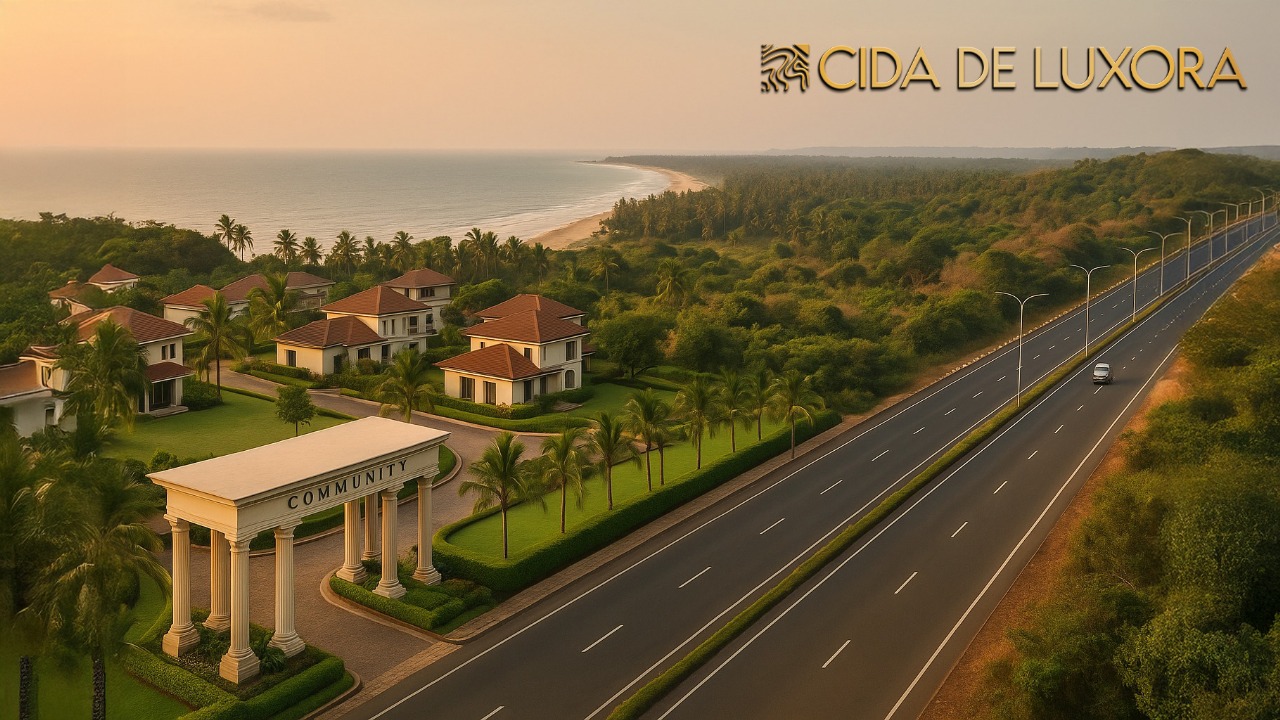 Realistic image of luxury villas near the Goa coastline in Sindhudurg, with palm trees, a Roman-style gated entrance, and NH-66 highway under golden sunset light, symbolizing premium plot investment opportunities in Sindhudurg Goa.