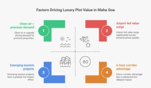 Infographic showing 2025 investment surge for maha goa luxury plots with stats on NH-66 6-hour drive, 66% price growth near Mopa Airport, Goa AQI around 35, 5–8% rental yields, and upcoming tourism projects like the underwater museum