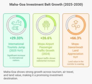 Infographic showing Maha Goa tourism growth, Mopa Airport 26.6 percent rise, 54.55 lakh tourists in 2025, and 66.3 percent land appreciation in the Mopa–Sawantwadi corridor.