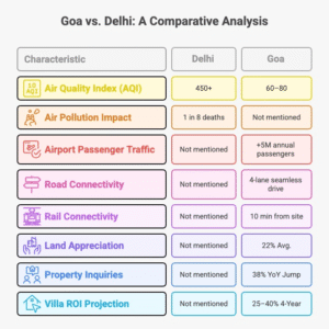 Infographic showing Delhi vs Goa AQI, MOPA connectivity map, and ROI rise in Maha Goa real estate.
