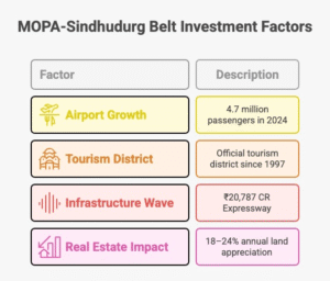 “Infographic showing key 2025–2030 growth statistics for luxury plots near mopa, highlighting airport expansion, tourism district benefits, twin-airport connectivity, expressway development, and projected 18–24% annual land appreciation.”