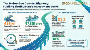 An infographic illustrating why investors are betting big on the Maha-Goa coastal highway investment corridor, featuring data on airports, tourism growth, micro-markets, real estate demand, and major infrastructure upgrades.