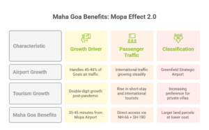 Mopa Effect 2.0 infographic showing airport growth, tourism rise, and increasing demand for luxury villa plots in Maha Goa near NH-66 and Sindhudurg.