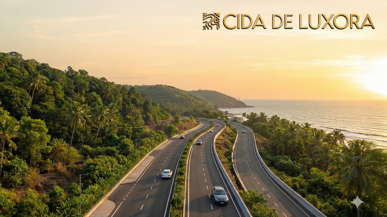 Luxury coastal banner showing the Konkan Expressway corridor and Maha-Goa coastline, highlighting the konkan expressway real estate impact on premium villa investments.