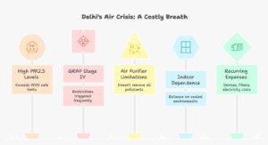 Comparison infographic showing Delhi’s severe winter air pollution versus the cleaner coastal environment of Maha Goa, highlighting AQI levels, WHO PM2.5 limits, indoor air purifier limitations, and why luxury villa plots in Maha Goa are emerging as breathing-first real estate investments.