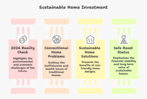 Infographic showing why sustainable homes are the smartest investment for 2026, highlighting passive cooling, energy efficiency, lower operating costs, improved indoor air quality, and long-term climate resilience backed by government policies.