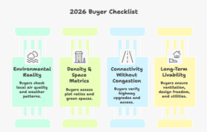 Comparison infographic showing how 2025 urban living was impacted by high air pollution, sealed apartments, and poor AQI, versus 2026 lifestyle trends favouring cleaner air, low-density living, and luxury villa plots in Maha Goa.