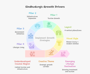 Infographic explaining four growth drivers behind the best plots in Sindhudurg including tourism growth, infrastructure development, government initiatives, and lifestyle living opportunities in the Konkan coastal region.