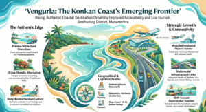Infographic showcasing why Vengurla Beach is emerging as one of India's most promising coastal destinations. The design highlights its location in Sindhudurg, Maharashtra, improving connectivity through NH-66, Konkan Railway, and Mopa International Airport, along with its clean beaches, rich biodiversity, authentic Konkan culture, eco-tourism appeal, and growing relevance among tourists, policymakers, hospitality stakeholders, NRIs, and long-term investors.