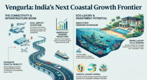 Infographic showcasing why Vengurla is emerging as India’s next major coastal growth destination after Goa, highlighting Mopa Airport connectivity, Mumbai-Goa Highway expansion, India’s first underwater museum, marine tourism, luxury villa demand, eco-tourism, and long-term coastal investment opportunities in Sindhudurg’s Maha Goa region.