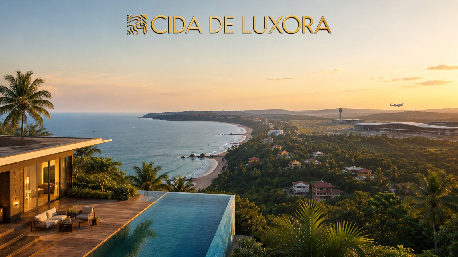 Realistic luxury coastal banner showcasing a modern villa overlooking the Maha Goa coastline near Sindhudurg, with lush greenery, infinity pool, airport connectivity, and premium tourism-driven lifestyle visuals.