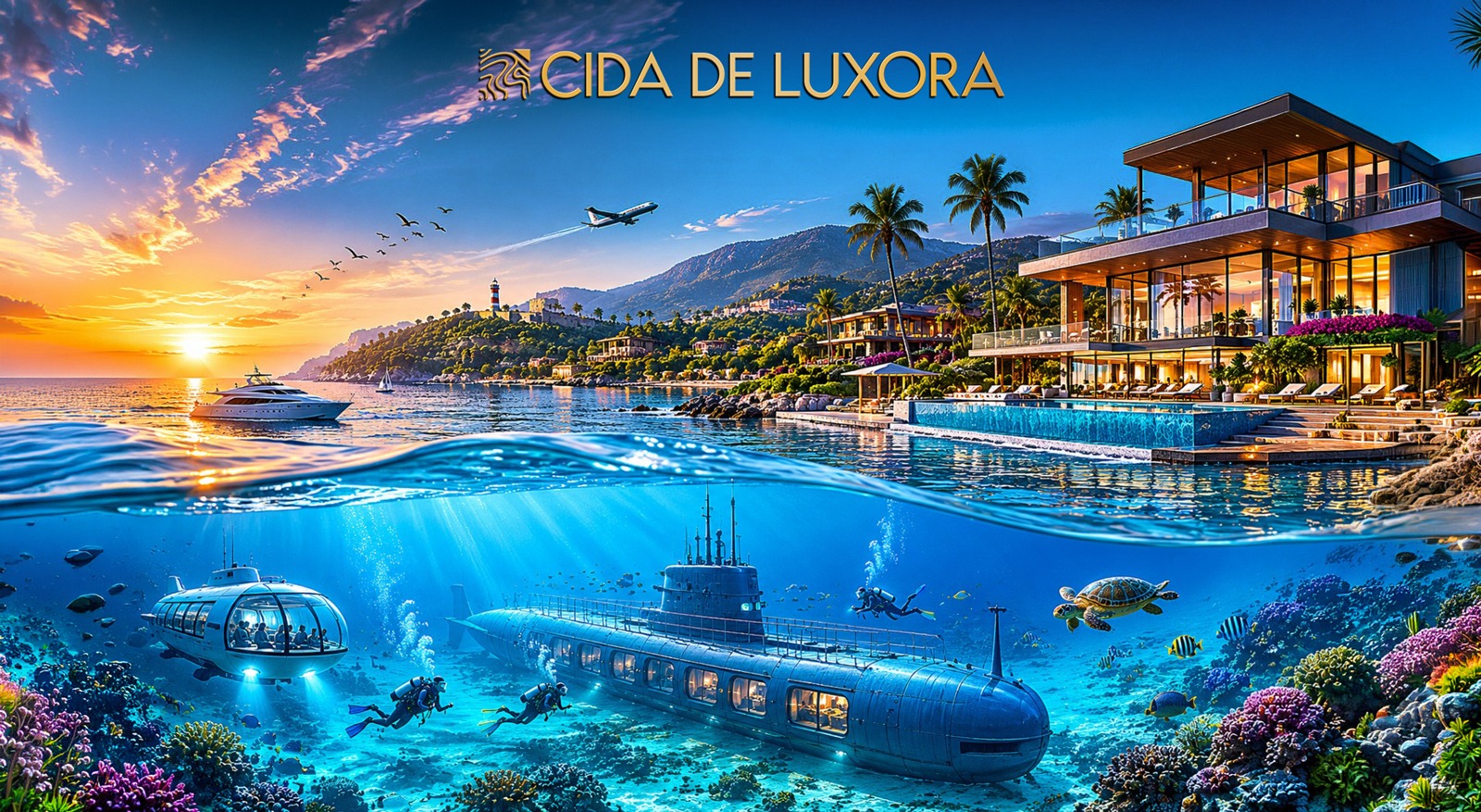 Luxury coastal investment banner showcasing crystal-clear underwater tourism near Sindhudurg with a premium submarine experience, vibrant marine life, turquoise ocean water, luxury villas on the Maha Goa coastline, and modern maritime infrastructure representing tourism-driven real estate growth.