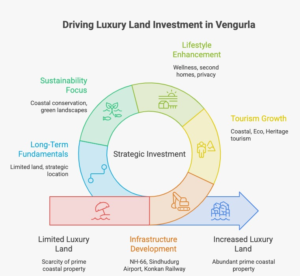 Infographic highlighting the key drivers of Luxury Land Investment in Vengurla, including Konkan Coast location, Sindhudurg Airport, National Highway 66, Konkan Railway, tourism growth, biodiversity, sustainable coastal development, and long-term investment fundamentals.